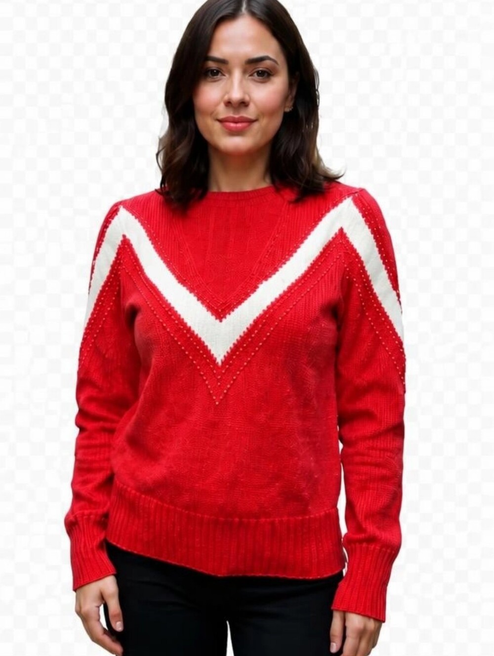 Vintage 80s Nannell Hand Knit Red Chevron Sweater Angora Wool Pearl L M